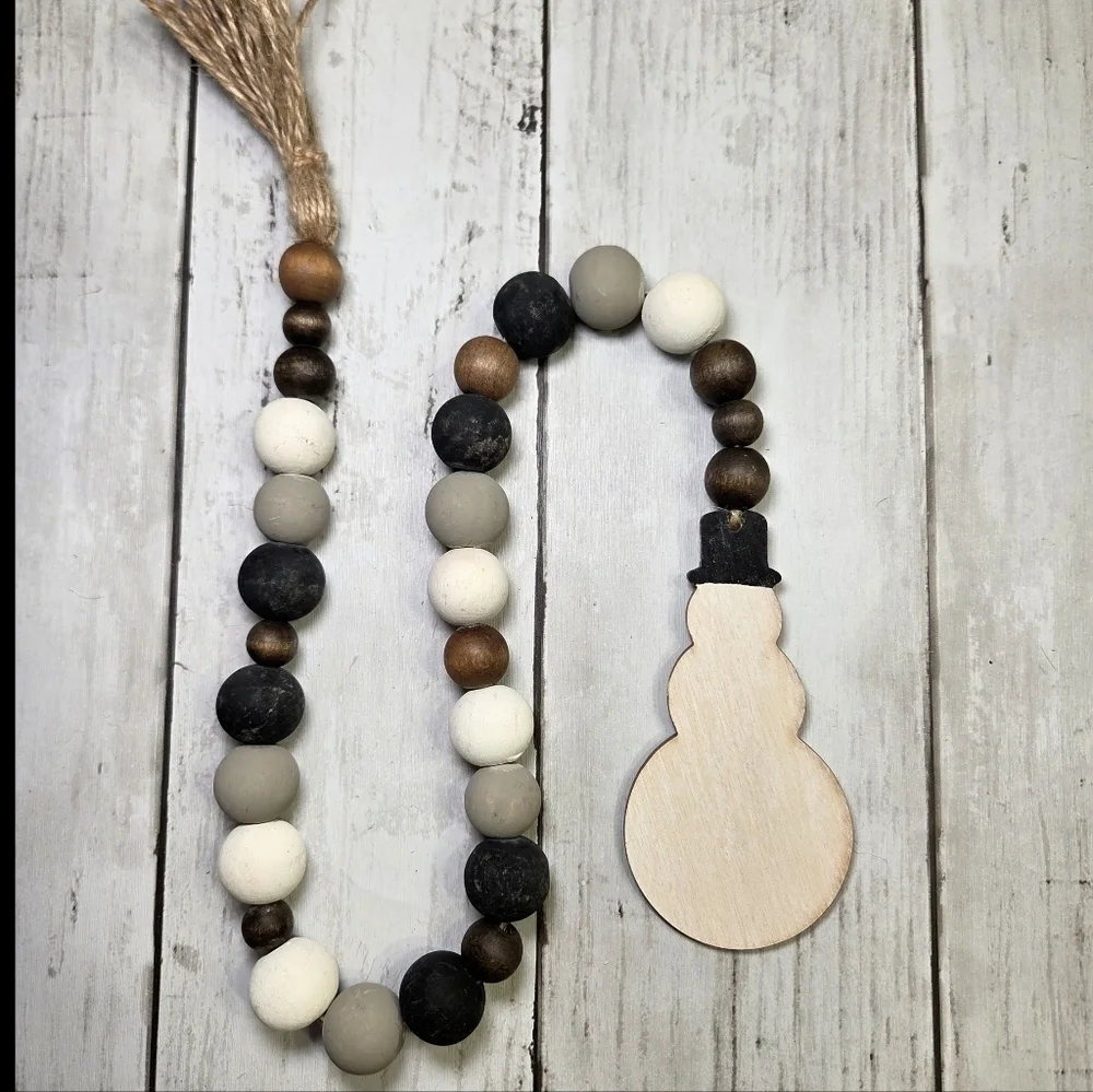 Hand Painted Rustic Beaded Garland with Snowman Accent